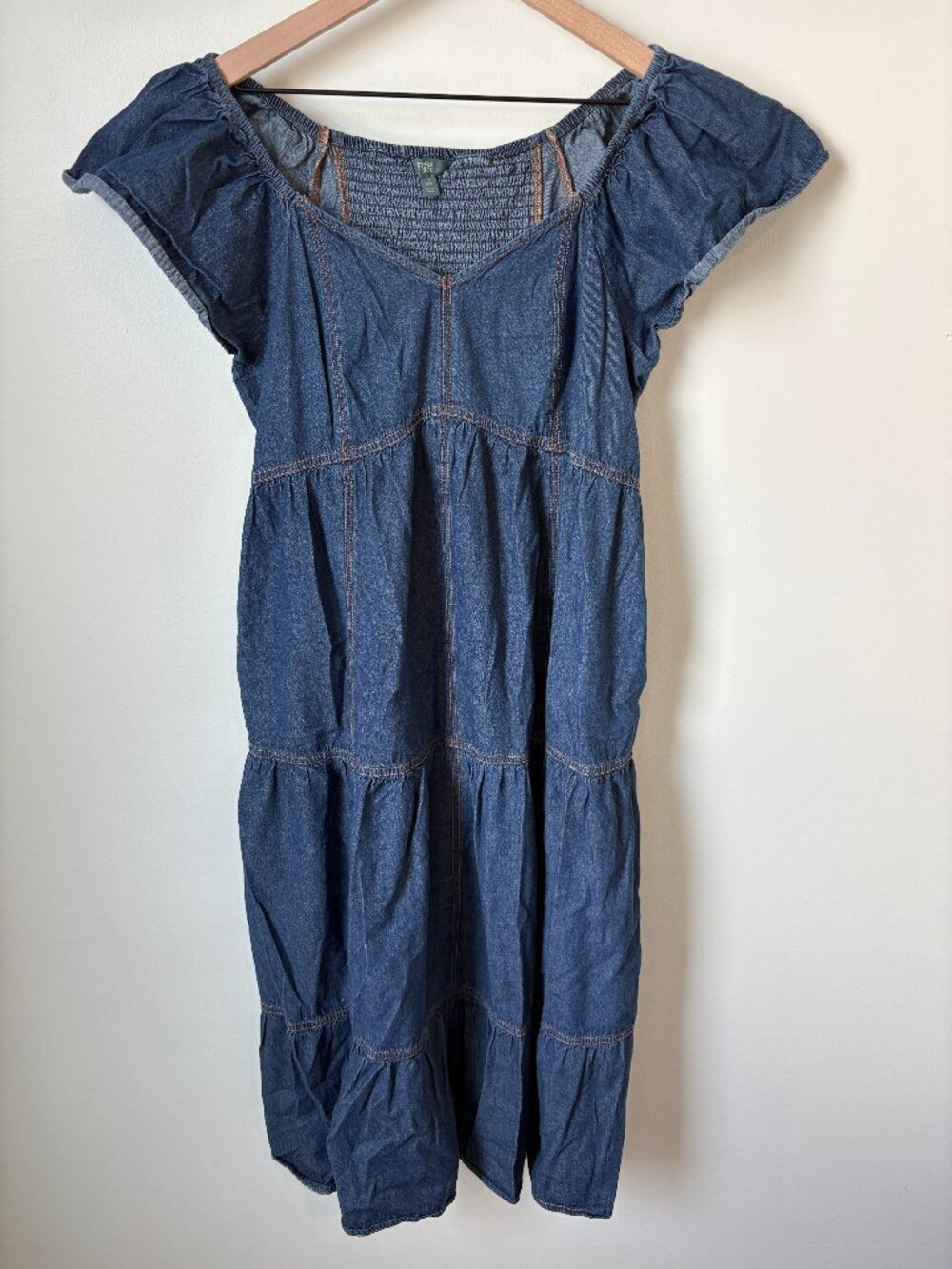 Terra & Sky Women’s 0X Denim Tiered Midi Dress Flutter Sleeve Smocked Back
